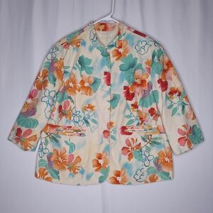 Coldwater Creek Linen-Blend 3/4 Button‎ Jacket Women 2X Cream Multicolor Floral